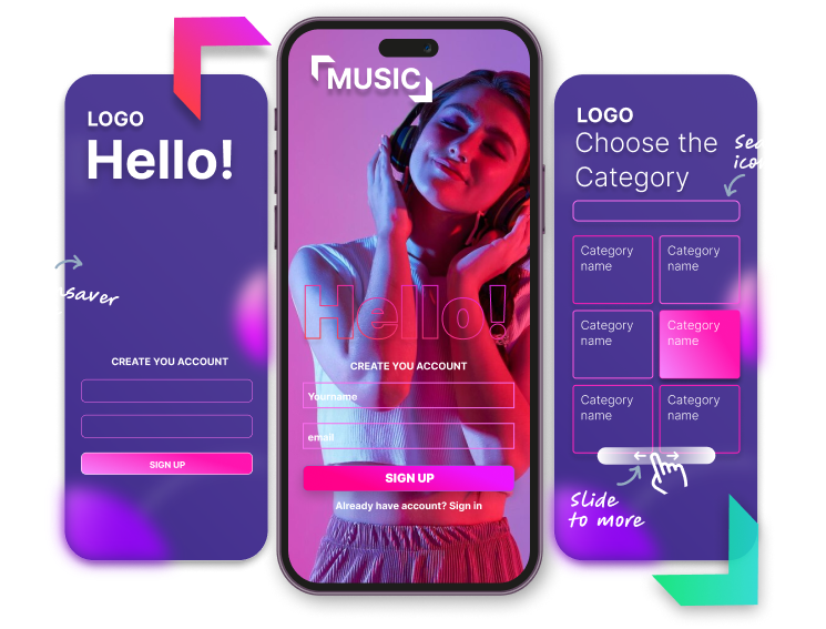 ภาพกราฟิกแสดงตัวอย่าง UX/UI ของแอปพลิเคชันฟังเพลง ซึ่งมีองค์ประกอบต่าง ๆ เพื่อให้ผู้ใช้สามารถโต้ตอบได้