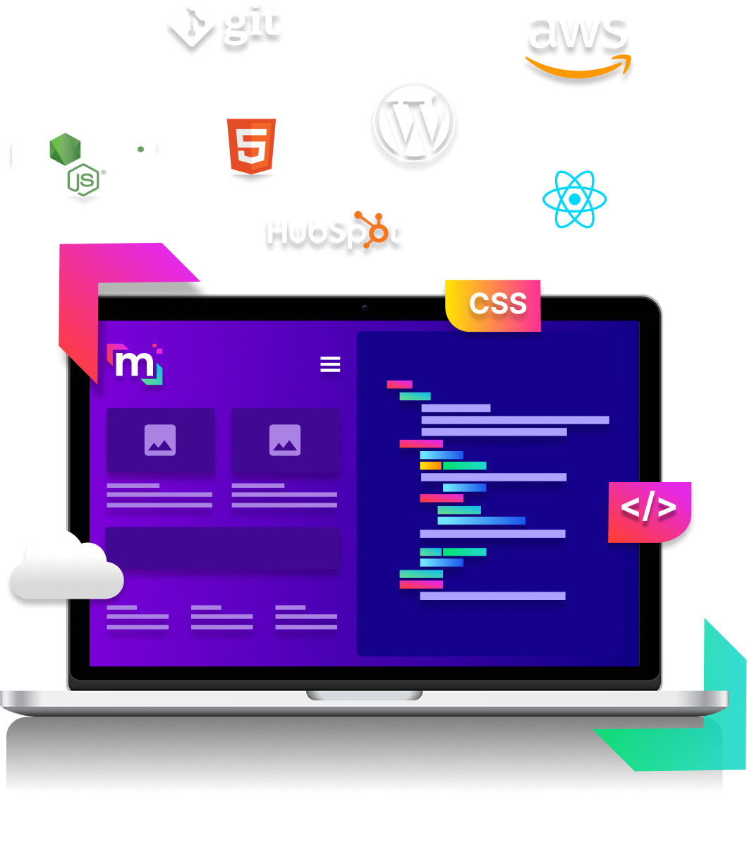 Website development utilizing a diverse set of programming tools, including Node, HubSpot, WordPress, React, HTML, and more.